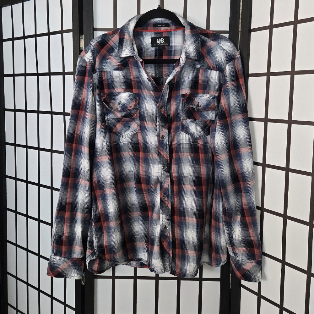 Rock & Republic Navy & White & Coral Plaid Stretch Button-Up